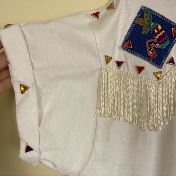 Vintage 90s Gepetto Western Fringe Bejeweled T-Shirt White Single Stitch Sz L - Picture 15 of 16